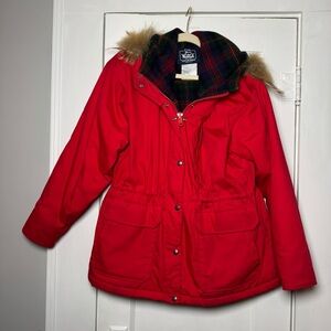 Woolrich Flannel Lined Fur Trim Parka Red Winter Coat Large